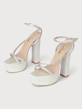 Lulus Sinia Ivory Satin Rhinestone Platform Heels Size 10 NWT
